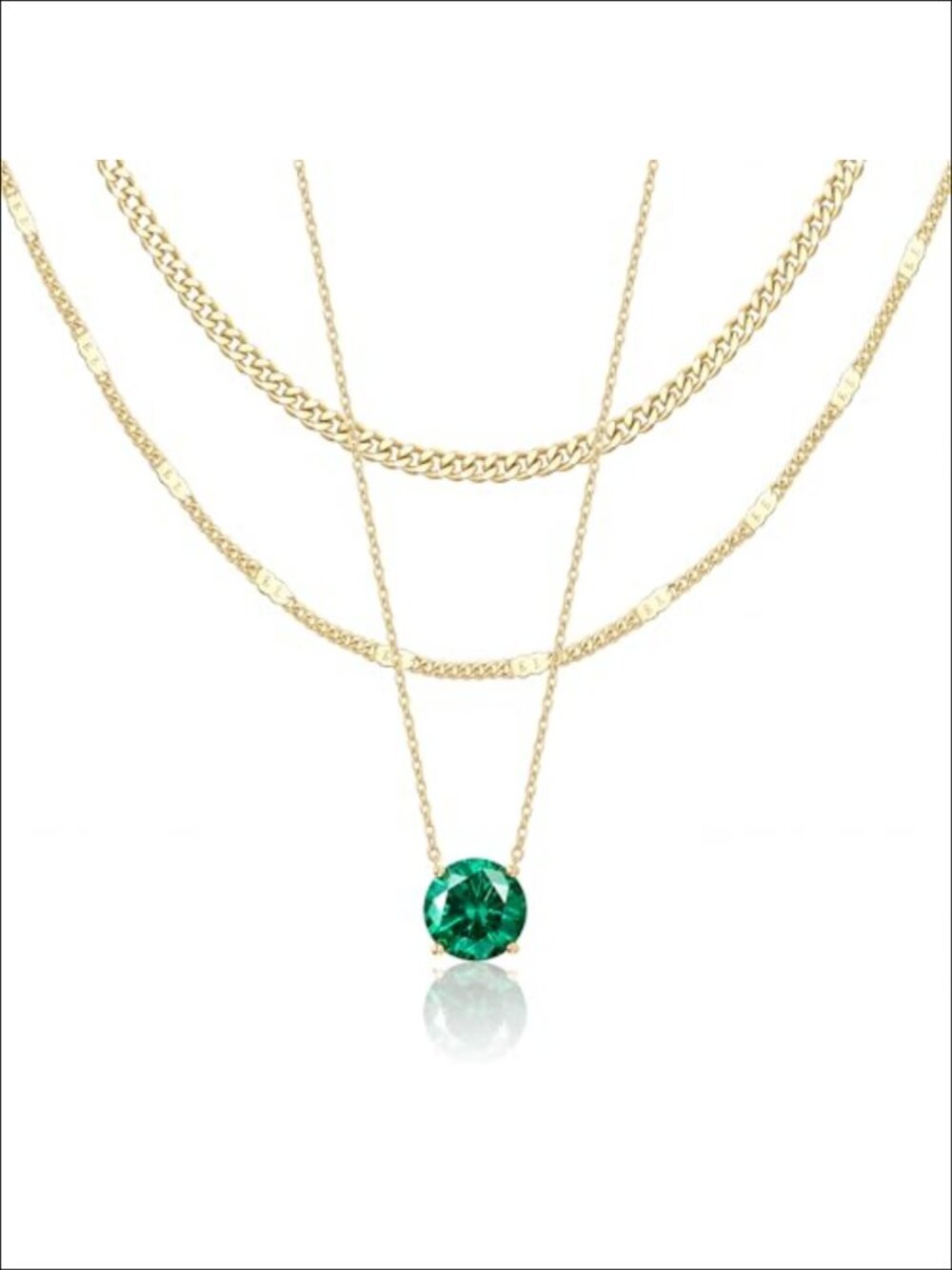 14K Gold Plated Layered Necklace Set Emerald Pendant Cuban Choker